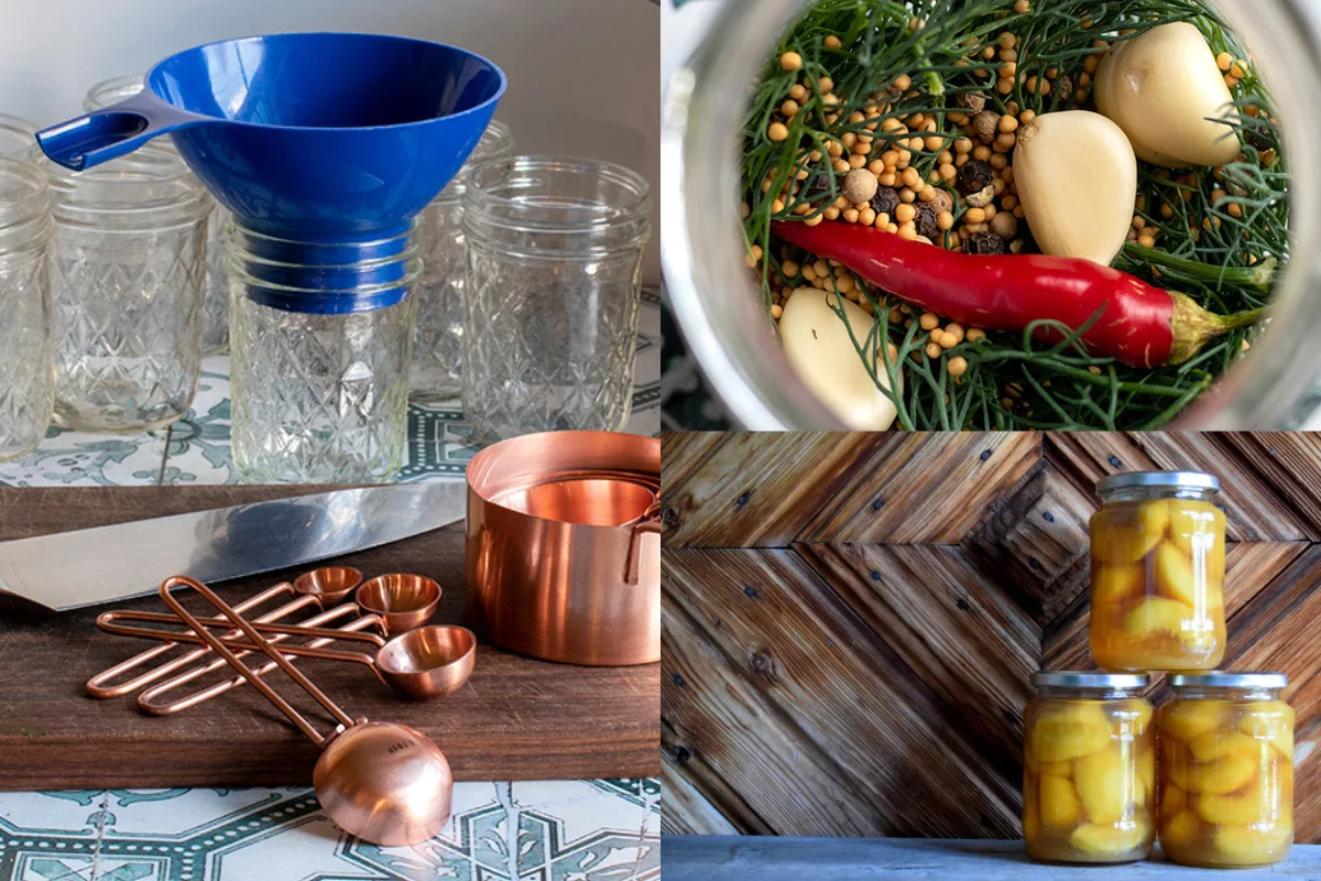 photo collage with canning spices, jars of canned peaches and canning equipment