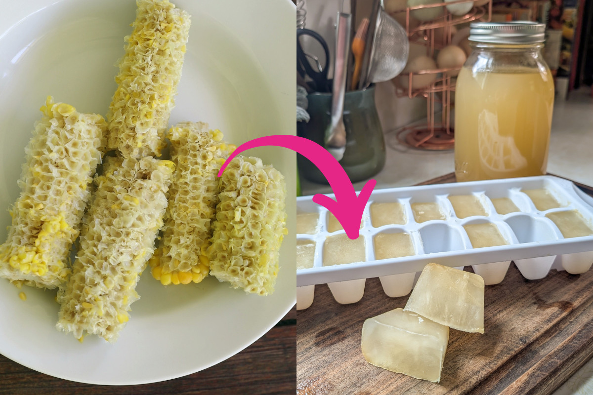 Photo collage of corn cobs and corn broth