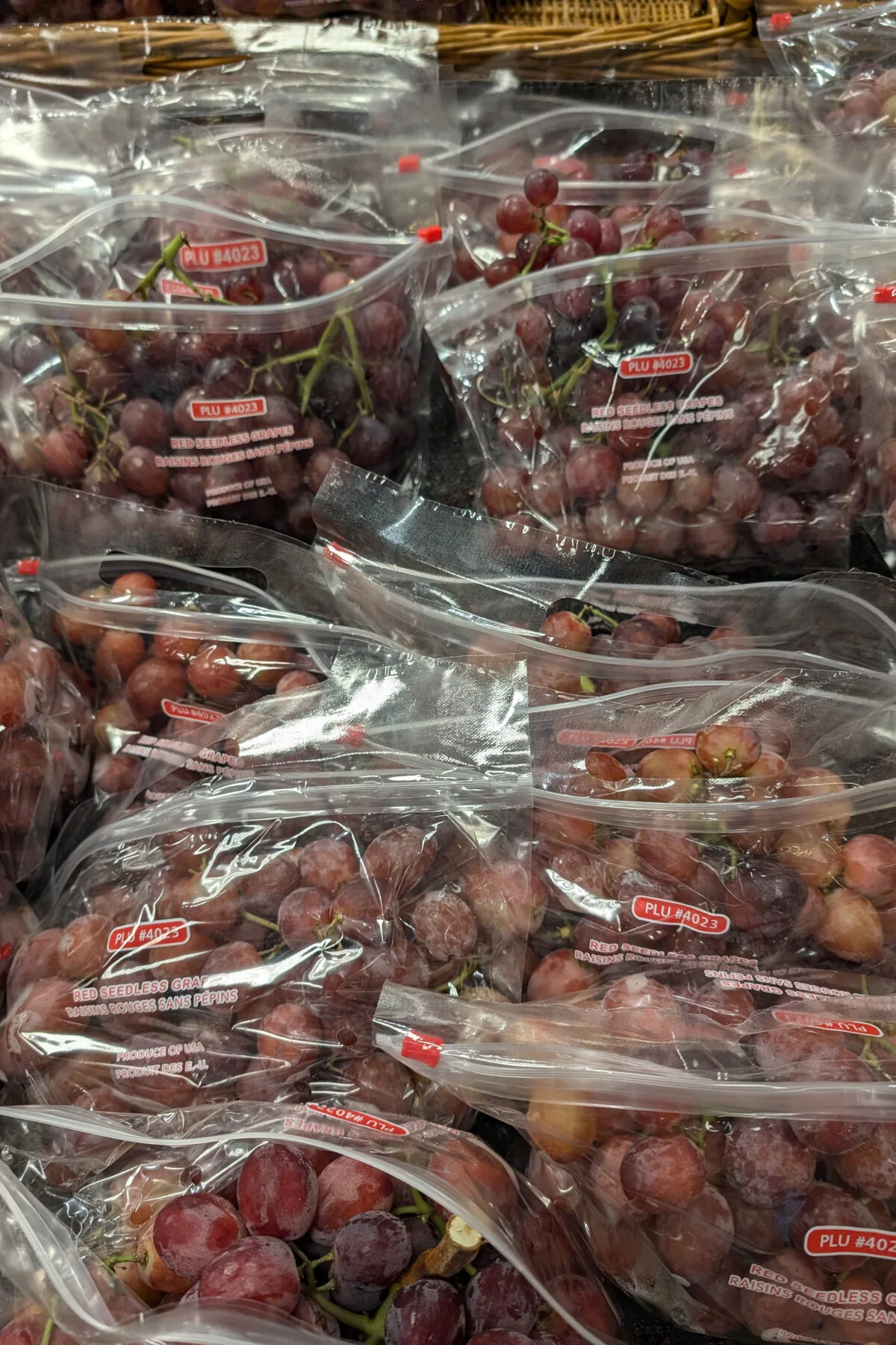 Bags of grapes in the supermarket