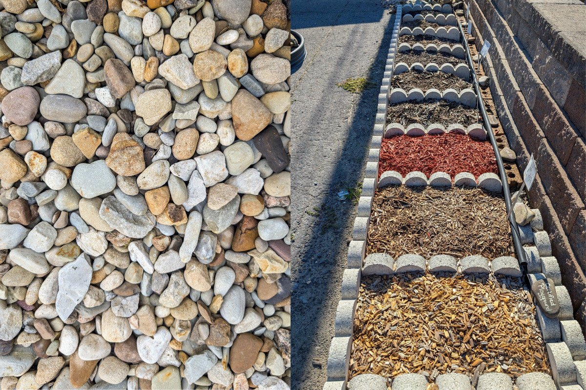 decorative gravel and a row of colored mulch