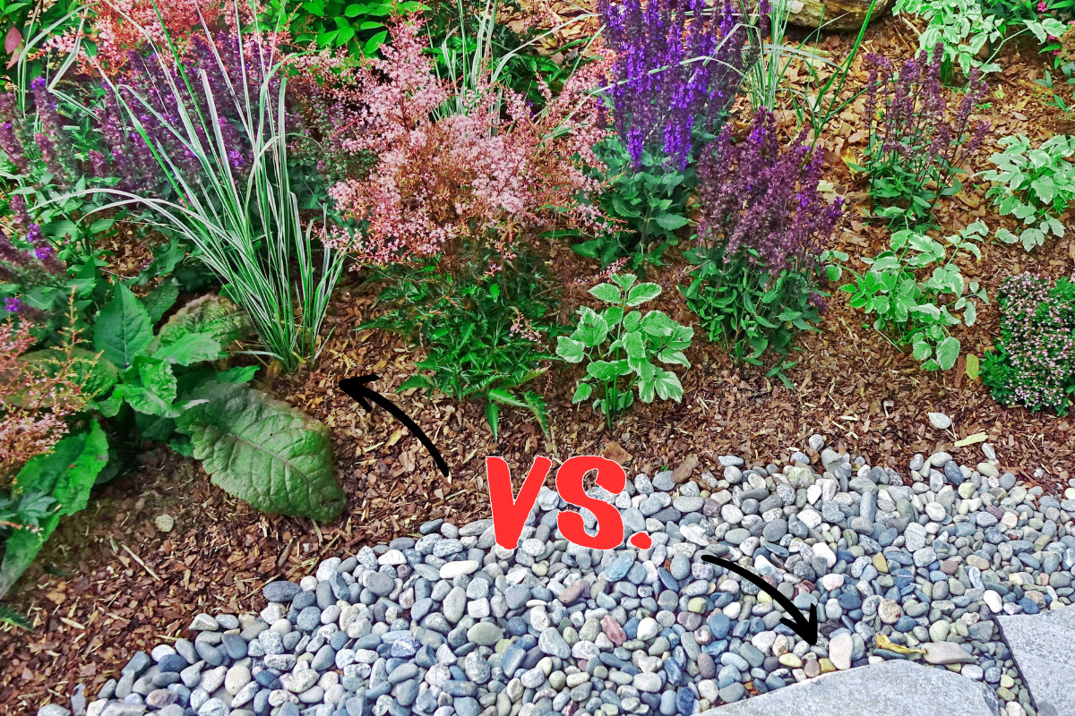 Flower bed with wood mulch and decorative gravel