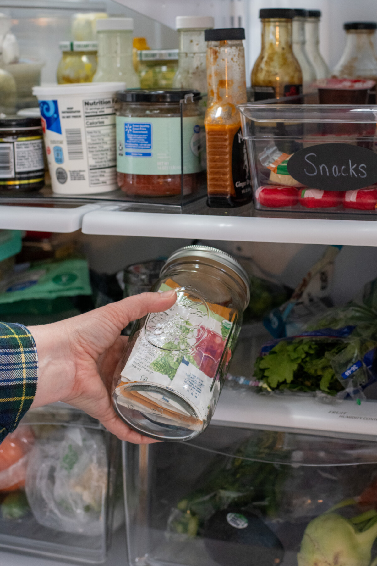 Woman's hand placing jar with seeds in fridge