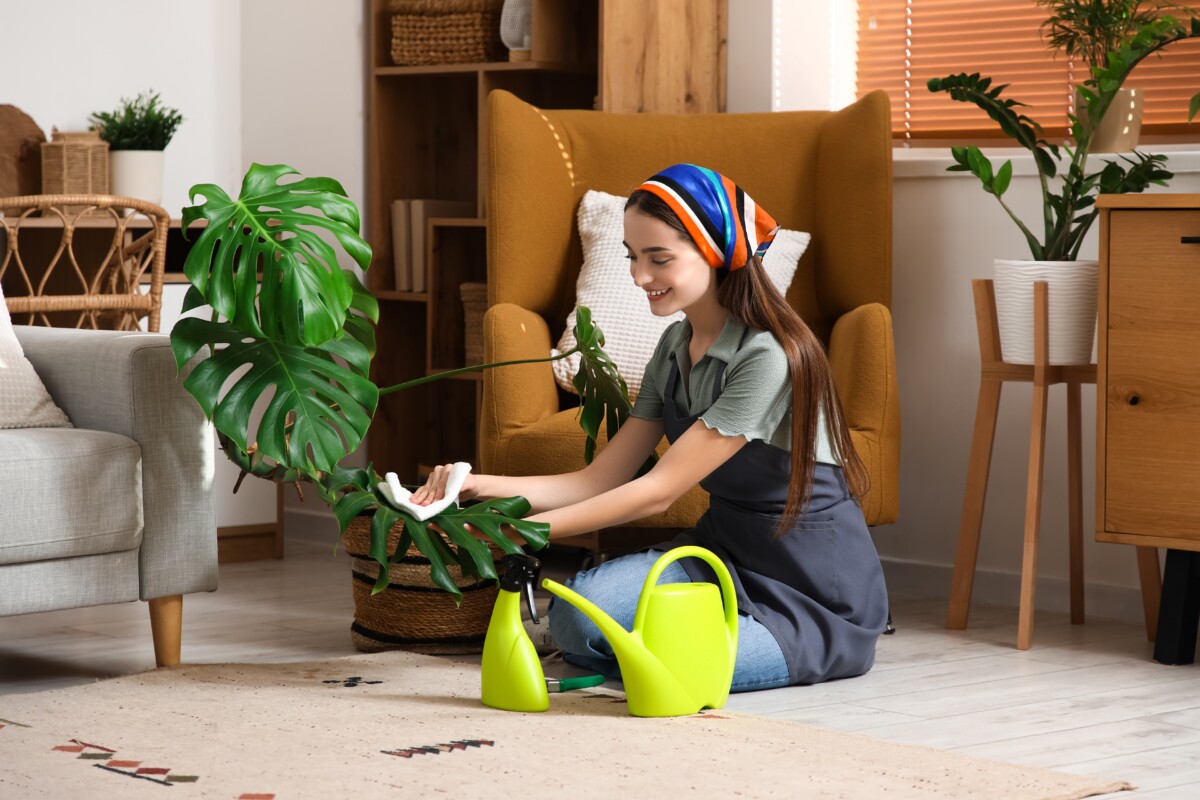 Young woman seated on the floor wiping the leaves of a houseplant with a cloth.